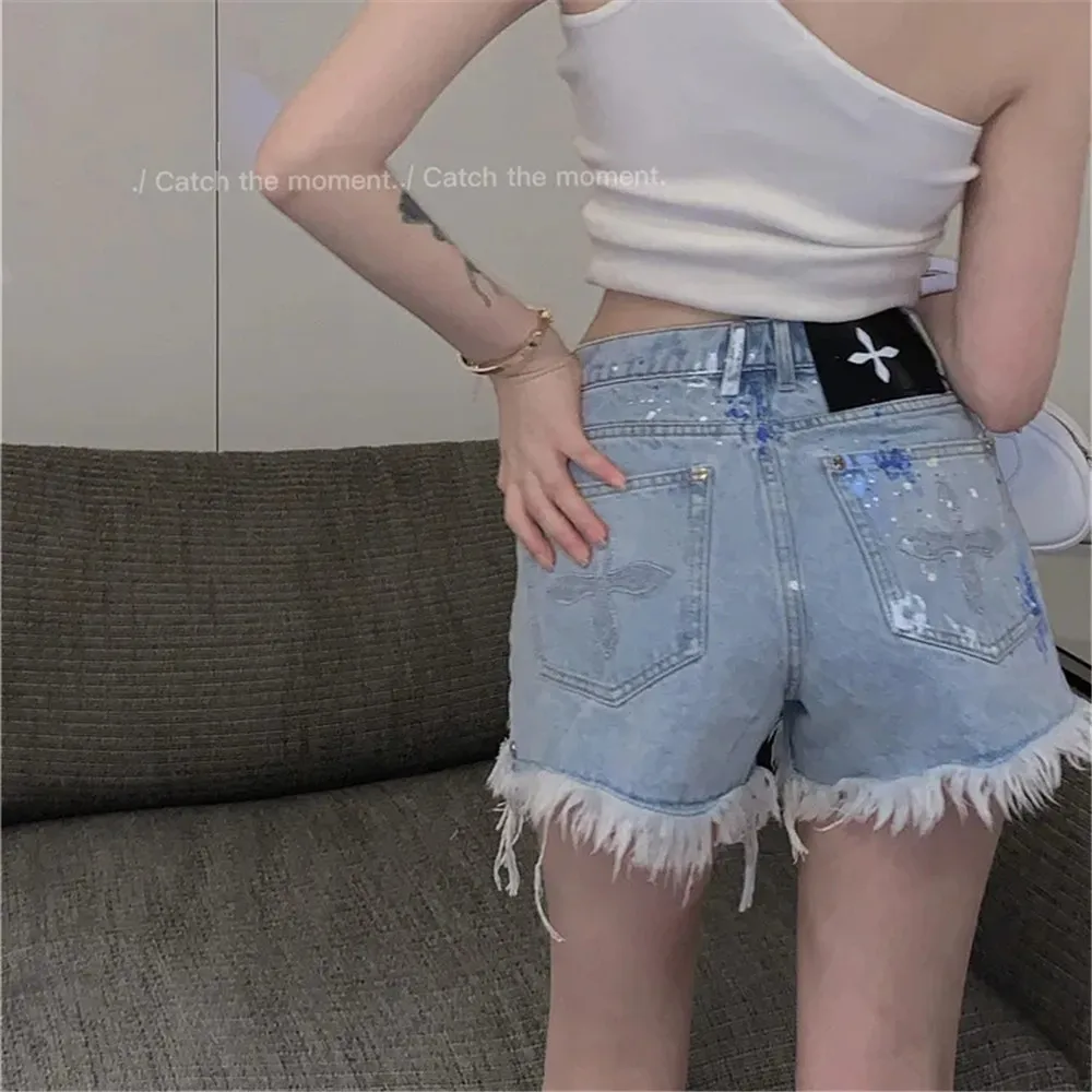 Y2k High Waist Cross Graffiti embroidery Denim Shorts Women Clothing Summer Korean Jeans Straight Sexy Wide Leg Hot Pants Female