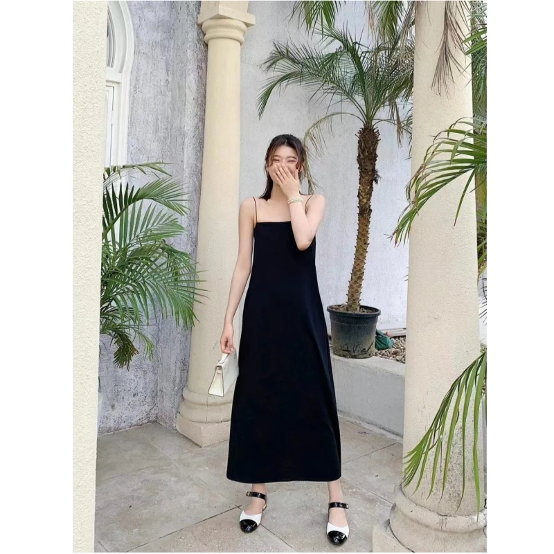 

2025 Spring/Summer New Simple Thin Shoulder Strap Hanging Black Strap Sleeveless Long Dress