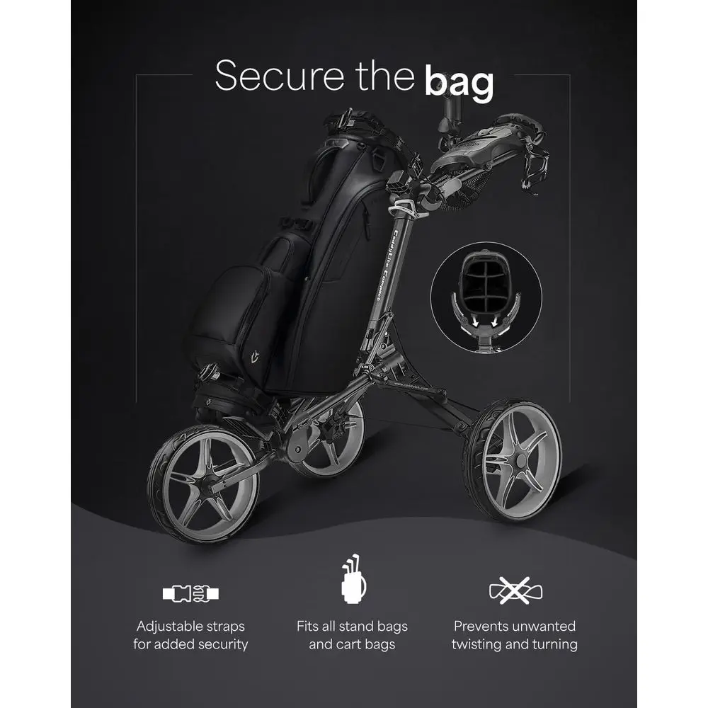 Compact 3-Wheel Foldable Golf Bag Cart - Lightweight Aluminum, EVA Wheels, Adjustable Handle, Brake, Mesh Net, Umbrella & Drink
