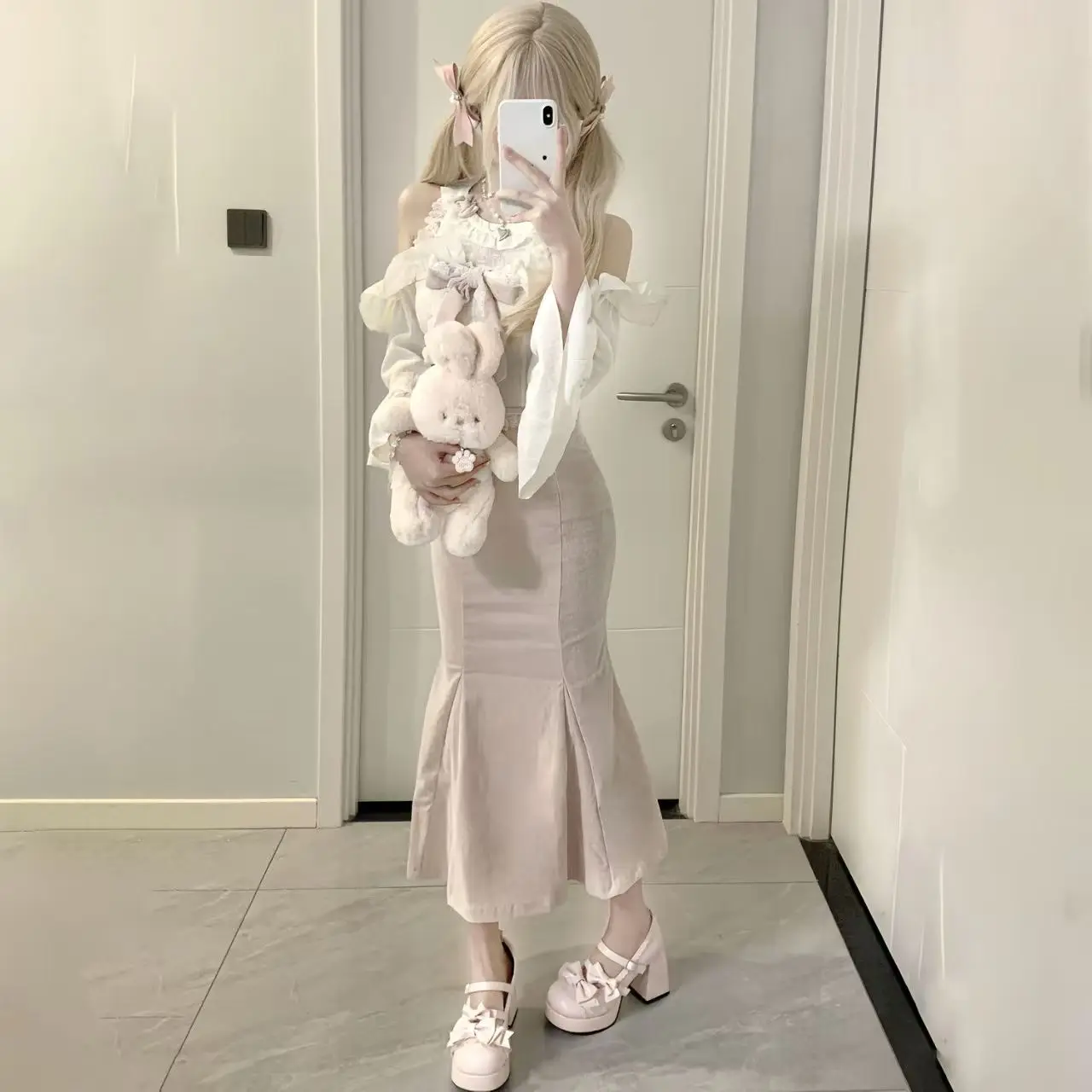 بلوزة نسائية بقصة ضيقة مع فيونكة مكشكشة كورية Y2K أنيقة يابانية على طراز لوليتا الحلو مع تنورة ميدي للحفلات الوردية