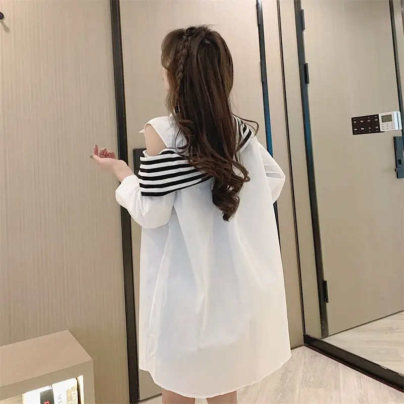 Korean Stylish Female Off Shoulder Spliced Solid Color Shirt Summer Striped Fake Two Pieces Casual Loose Blouse Women\'s Clothing