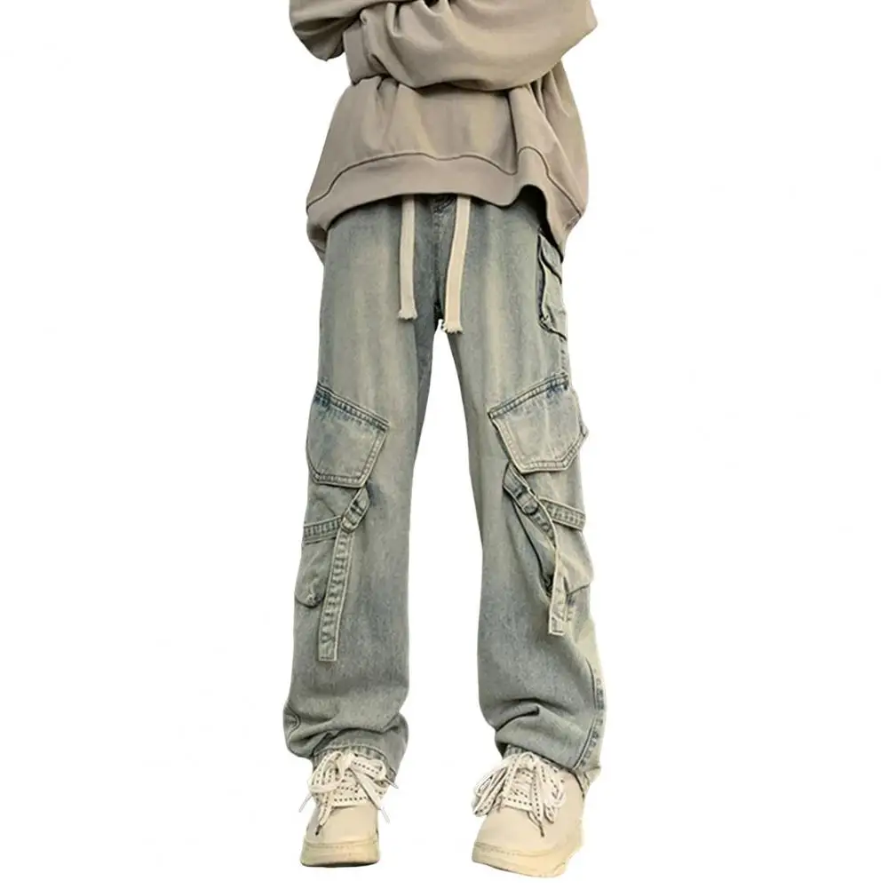 Men Cargo Pants High Street Style Straight Wide Leg Long Trousers Elastic Waistband Drawstring Large Pockets Denim Pants