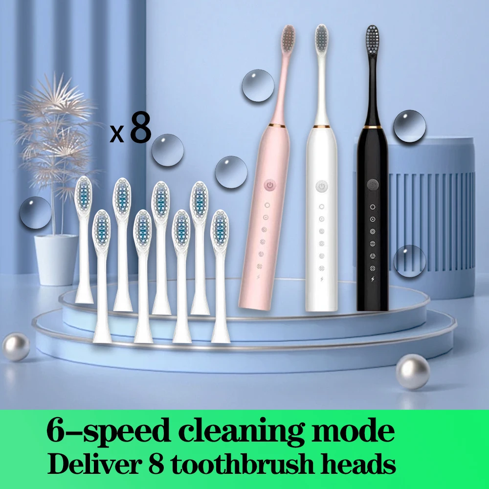 

Звуковая электрическая зубная щетка для взрослых, IPX7, водонепроницаемая, Lncludes, 8 насадок для зубных щеток, перезаряжаемая от USB, высокая, 6 режимов чистки