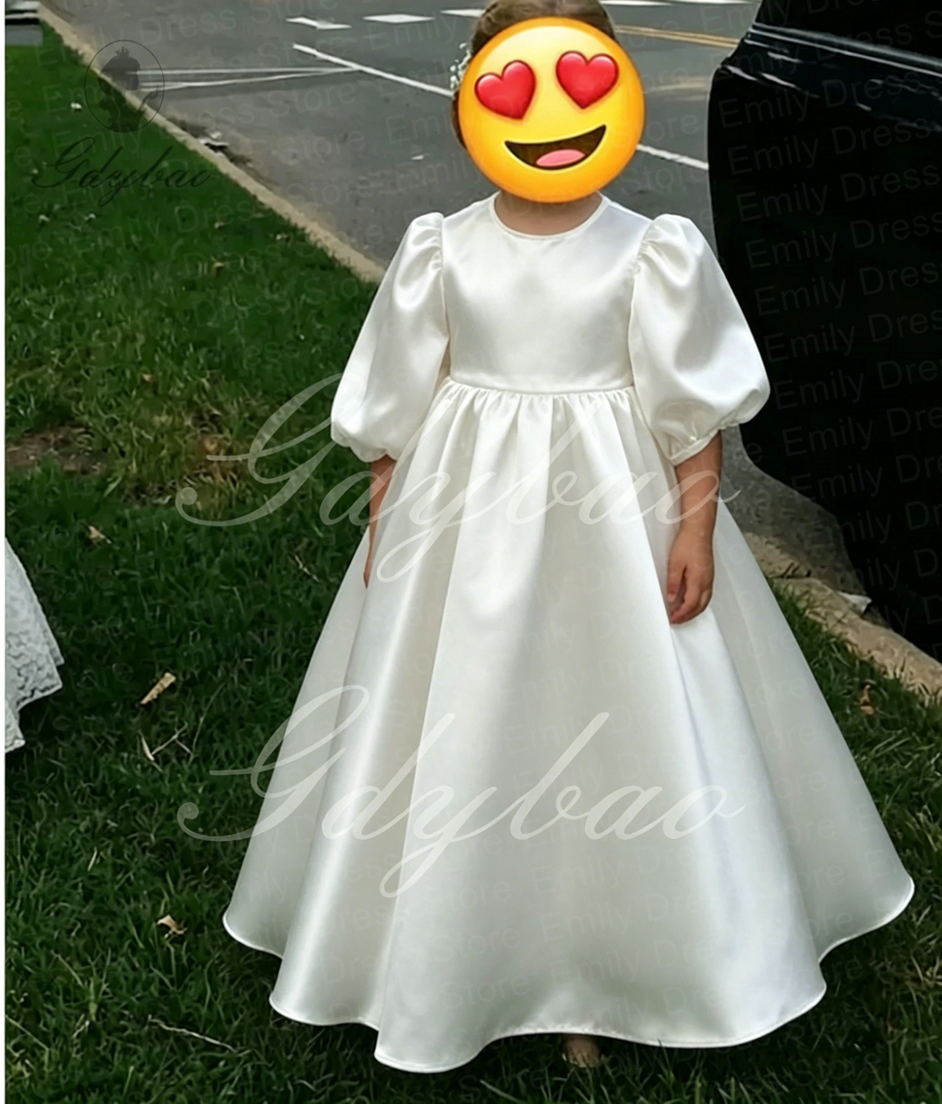 Customized Flower Girl Dress for Wedding Ivory Satin High Waist O-neck Simple Puffy Kids Birthday Party First Communion Gown