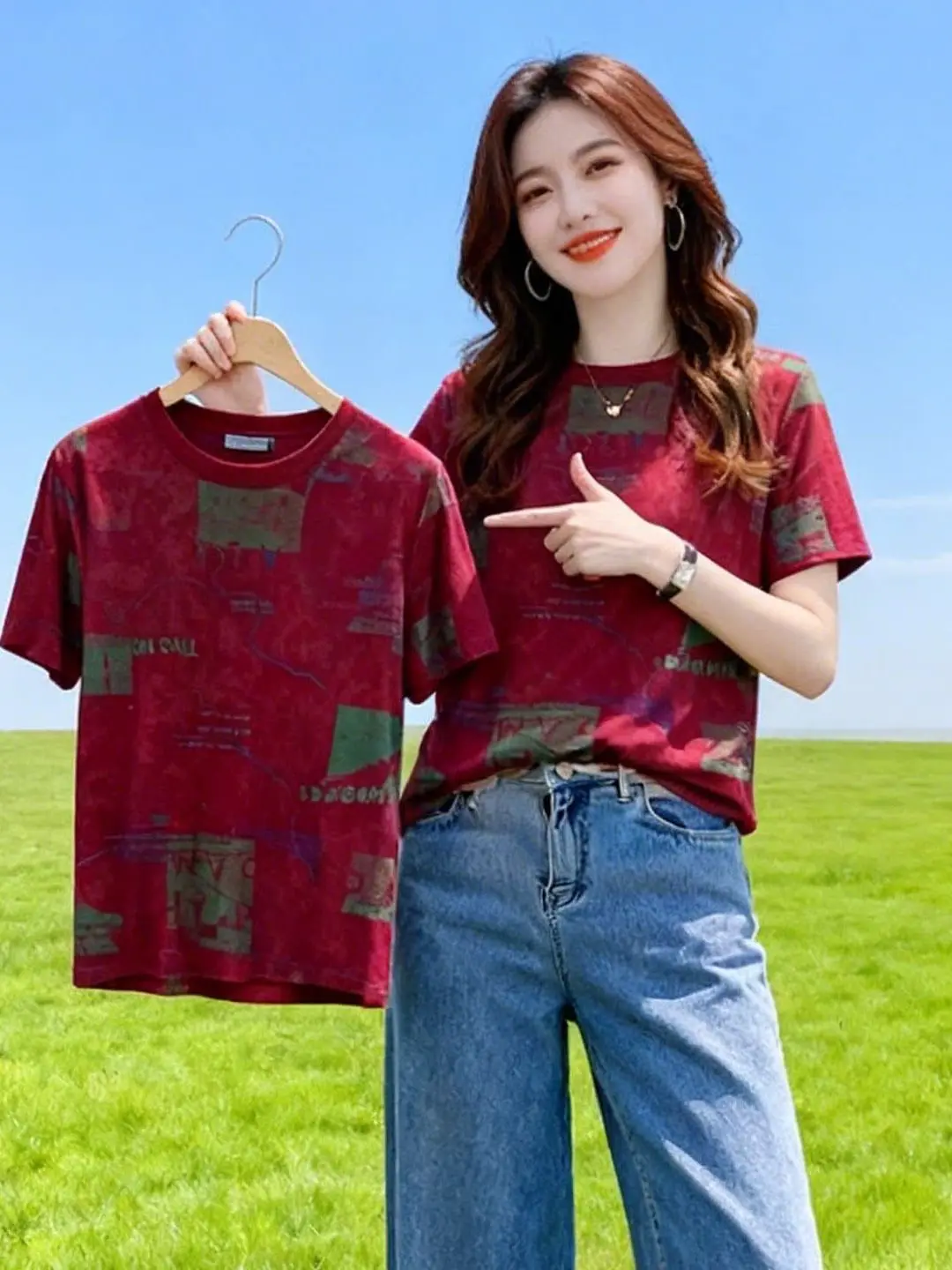 

Fashionable Short Sleeve Printed T-Shirt Women's Summer Casual Loose Fit Beautiful Stylish Top Age-Defying Summer Wear