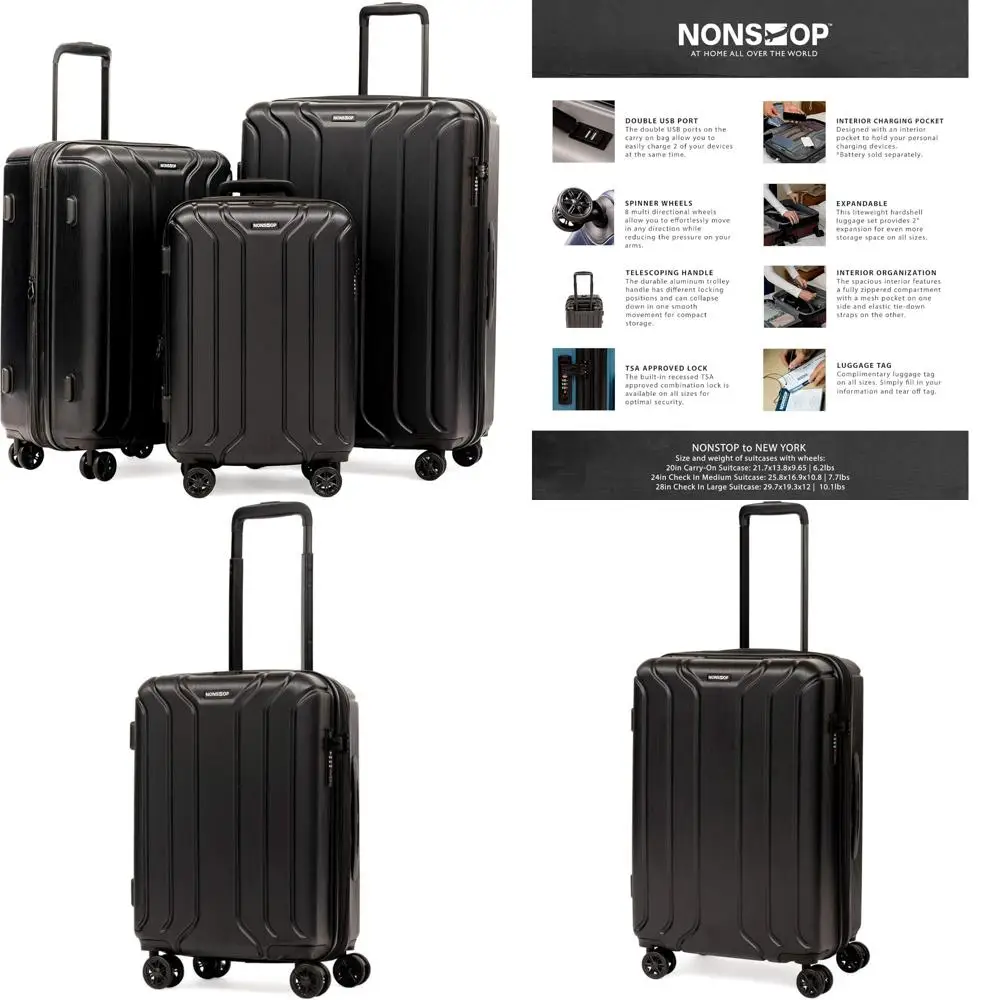 

expandable hard shell spinner luggage with lightweight design, tsa lock, and dual usb ports for new york travel