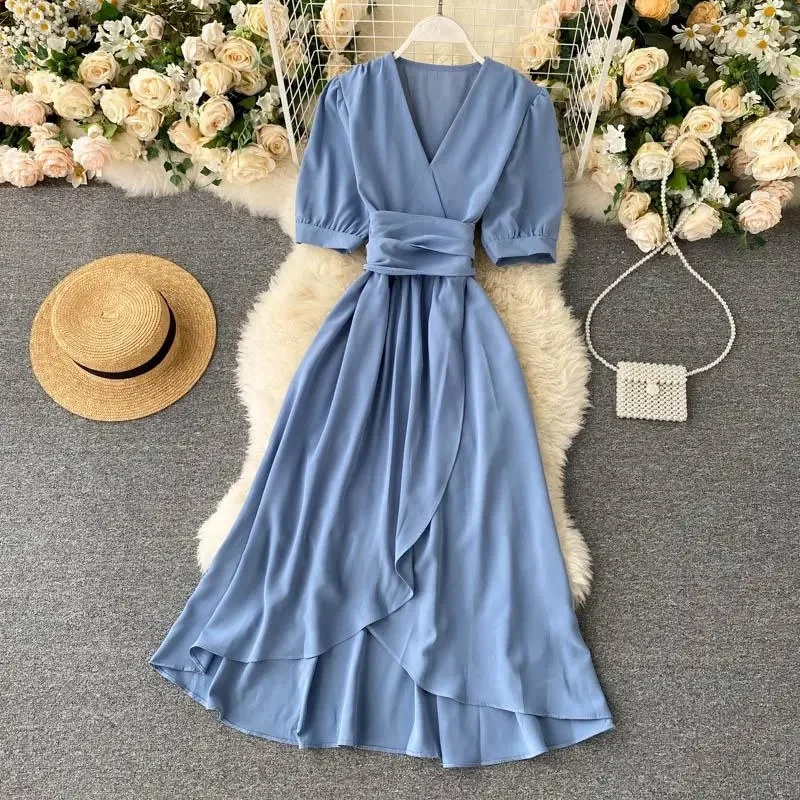 

2024 New Summer Bohemian Women Midi Dress Elegant V-Neck Chiffon Puff Sleeve High Waist A-Line Draped Beach Vestidos