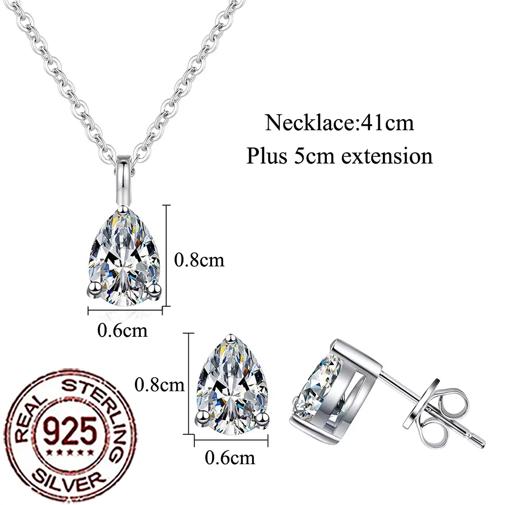QooLady 925 فضة تألق تشيكوسلوفاكيا الزركون قطرة الماء قلادة قلادة طقم أقراط للنساء مجوهرات حفلات الزفاف ST044