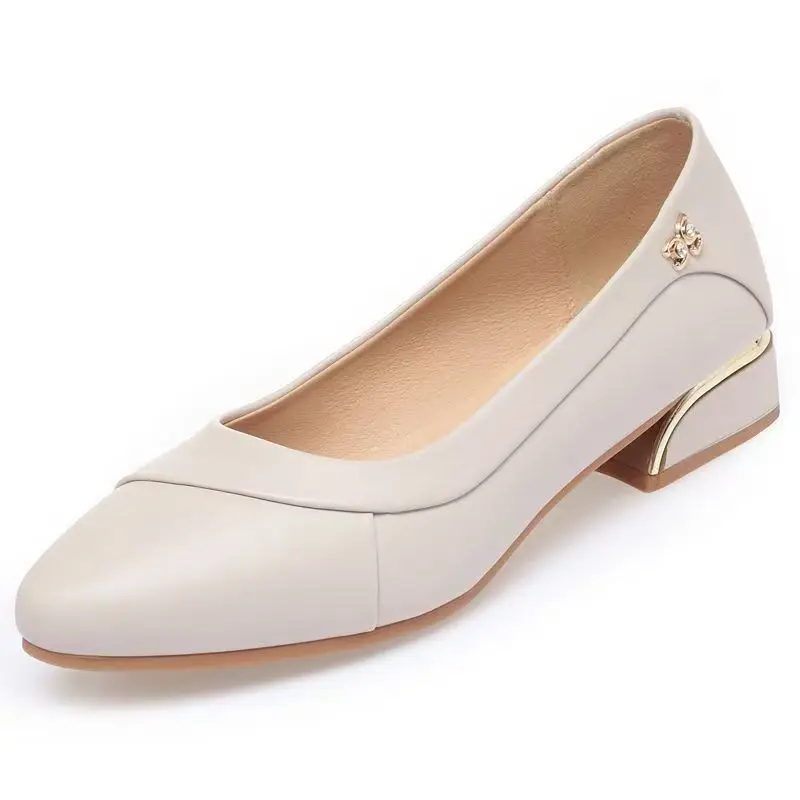 

Women Spring Autumn Leather Block Heel Work Shoe Soft Sole Non Slip Round Toe Shallow Slip On Middle Aged And Elderly Nude Shoe