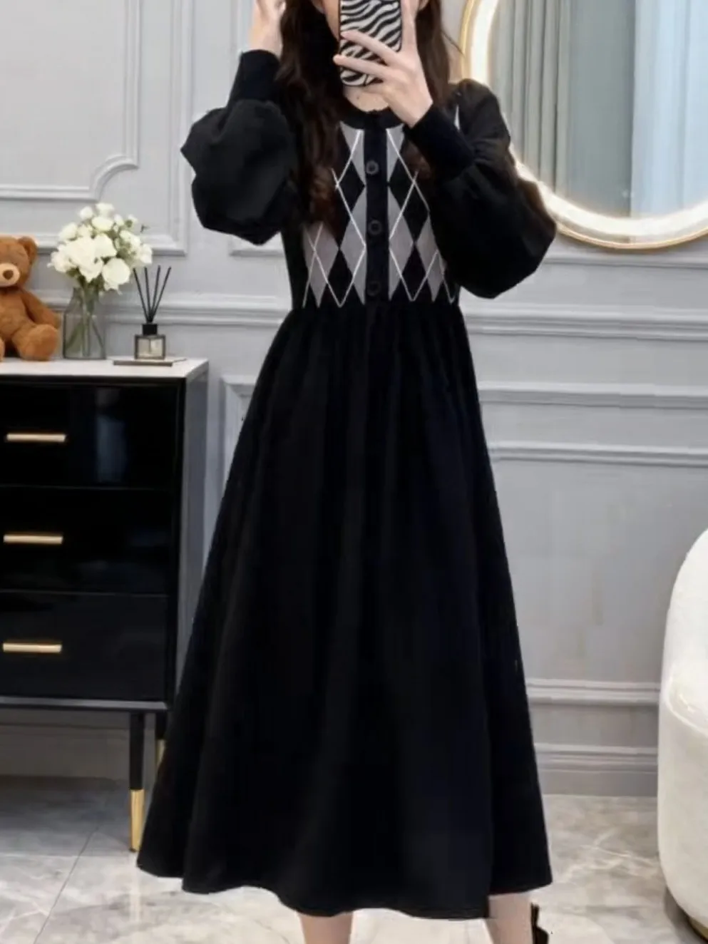 

plus Size Autumn Winter Hepburn Sle Knitted Dr Women's Plaid Splicing Long Skirt Slimming Effect A-Line High Waist Cotto...