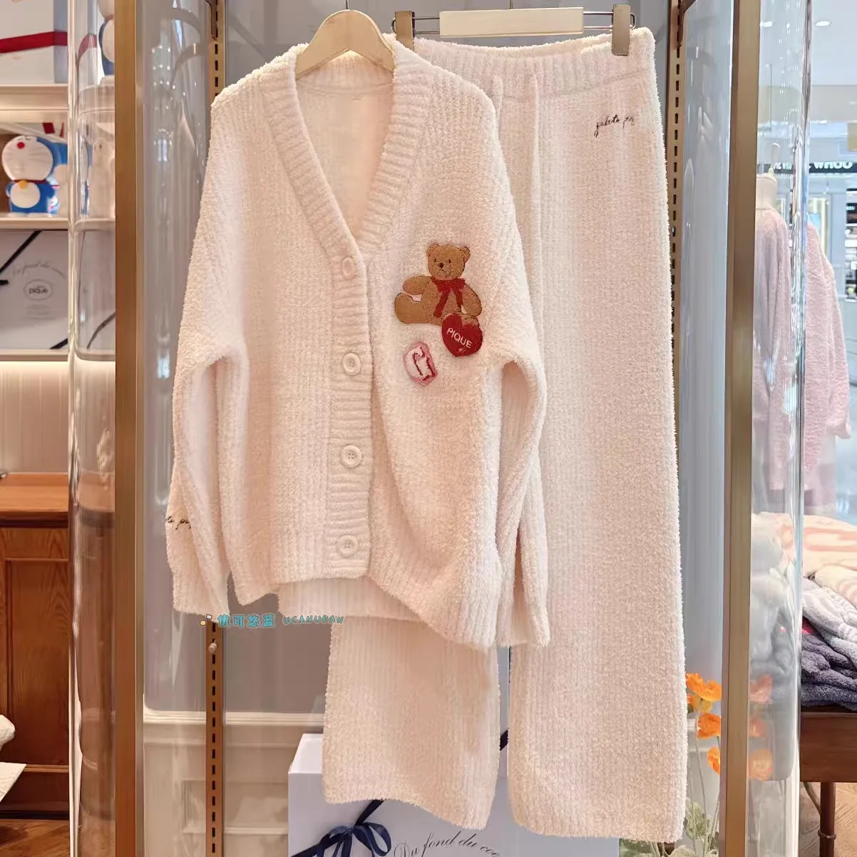 Winter Feather Yarn Knitted Cartoon Bear Warm Pajamas Women Set Home Wear Cardigan Pullover Pique Room Wear Outerwear Pajama