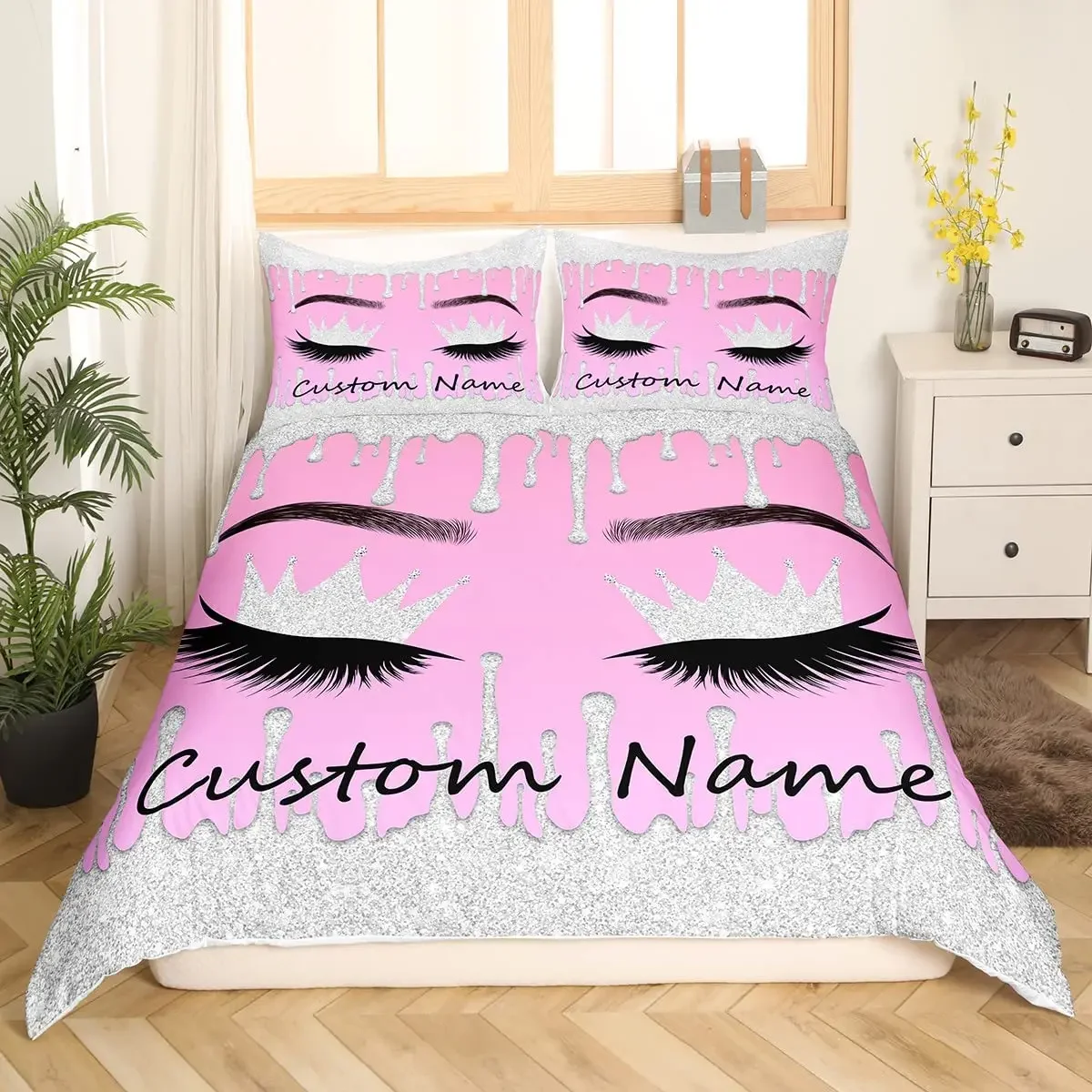 Custom Name Eyelash Bedding Set for Girls Women Kids Comforter Cover, Luxury Glitter Sparkle Eyelashes Makeup Girly Duvet Cover