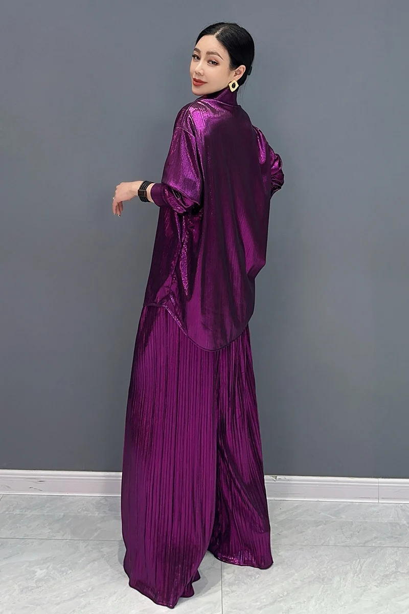 Vefadisa 2024 Summer New Purple Gold Women Sets Glossy Pleated Long Shirt With Belt Wide Leg Pants Two Piece Sets Fashion HLX351