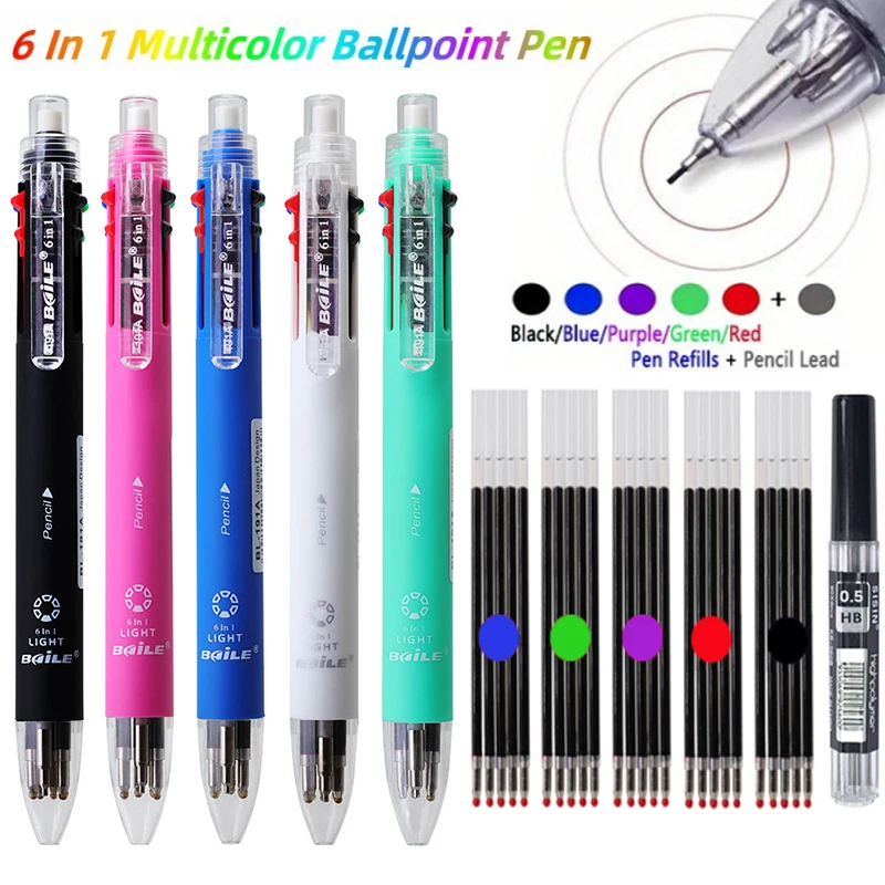 Juego de bolígrafos multifunción 6 en 1 creativo, recambios de bolígrafo de 5 colores y 0,7mm y lápiz automático de 0,5mm para útiles escolares de escritura