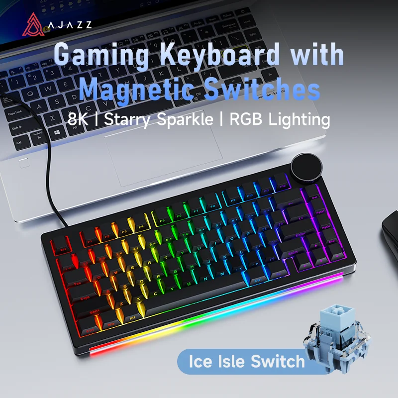 Ajazz AK820 V2 HE Bedraad 75% Hall Effect Gaming Toetsenbord, Snelle Trigger, 8000Hz Polling Rate, Hoge Precisie, Multi-mode Ondersteuning, Dubbele RGB Lichtstrips, Metalen Volume Knop, USB-C Poort,