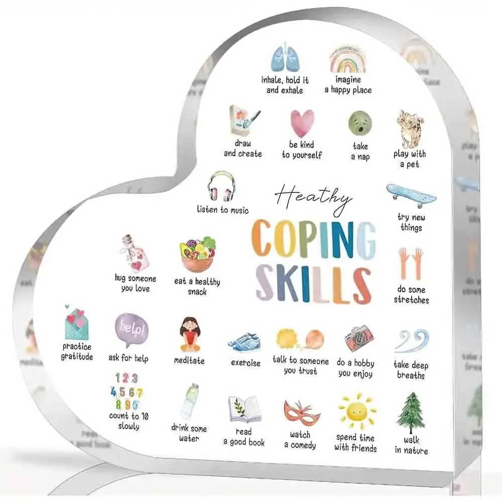 Clear Heart Shaped Acrylic Stand Coping Skills List Therapy Office Mental Wellness Table Sign