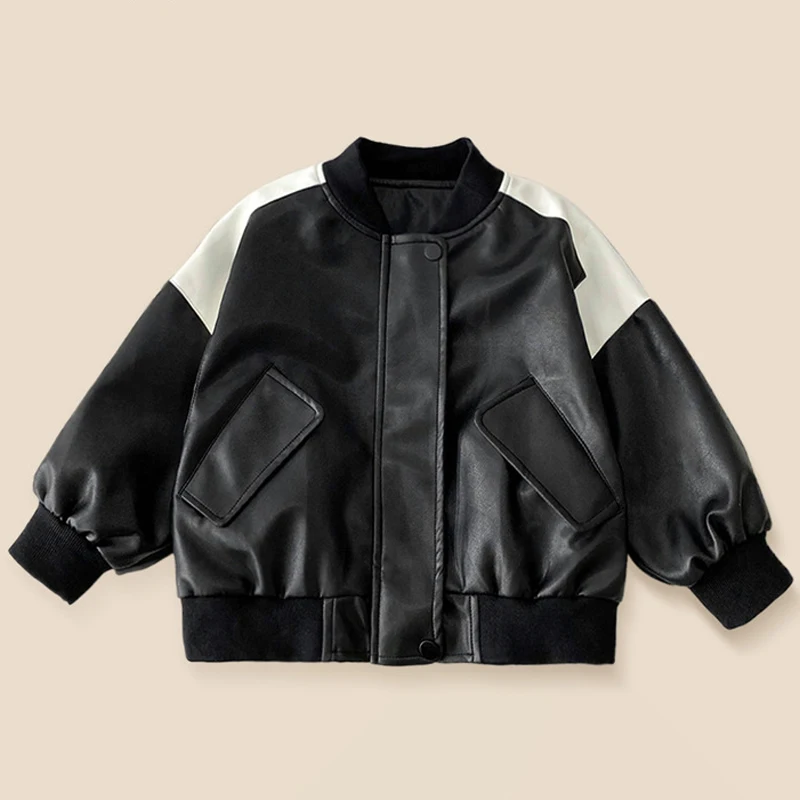 Spring Autumn Boys PU Leather Biker Jacket Color-Block Zipper Outerwear Korean Style Kids Coat For 2 3 4 5 6 7 8 Years Old