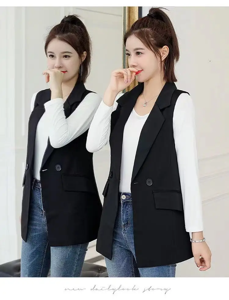 Office Lady Long Casual Vest Women Classic Loose Black Pocket Waistcoat Woman Elegant Slim Sleeveless Outerwear Chic