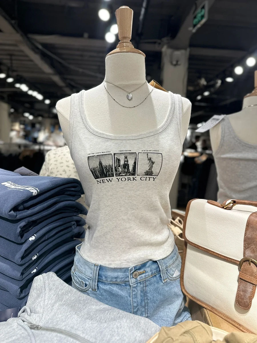 New York City Print Ribbed Tank Tops Women Summer U Neck Sleeveless Cotton Slim Crop Top American Vintage Streetwear Vests Y2k