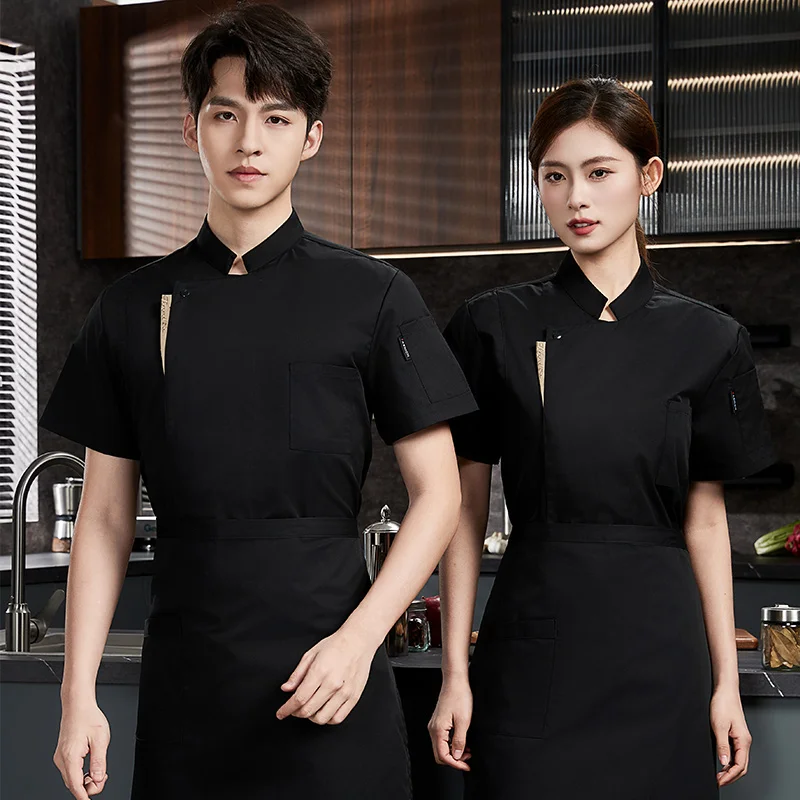 Restaurant respirant Chef manteau noir Chef uniforme tablier Chef shorts été hommes cuisine à manches courtes veste vêtements de travail logo