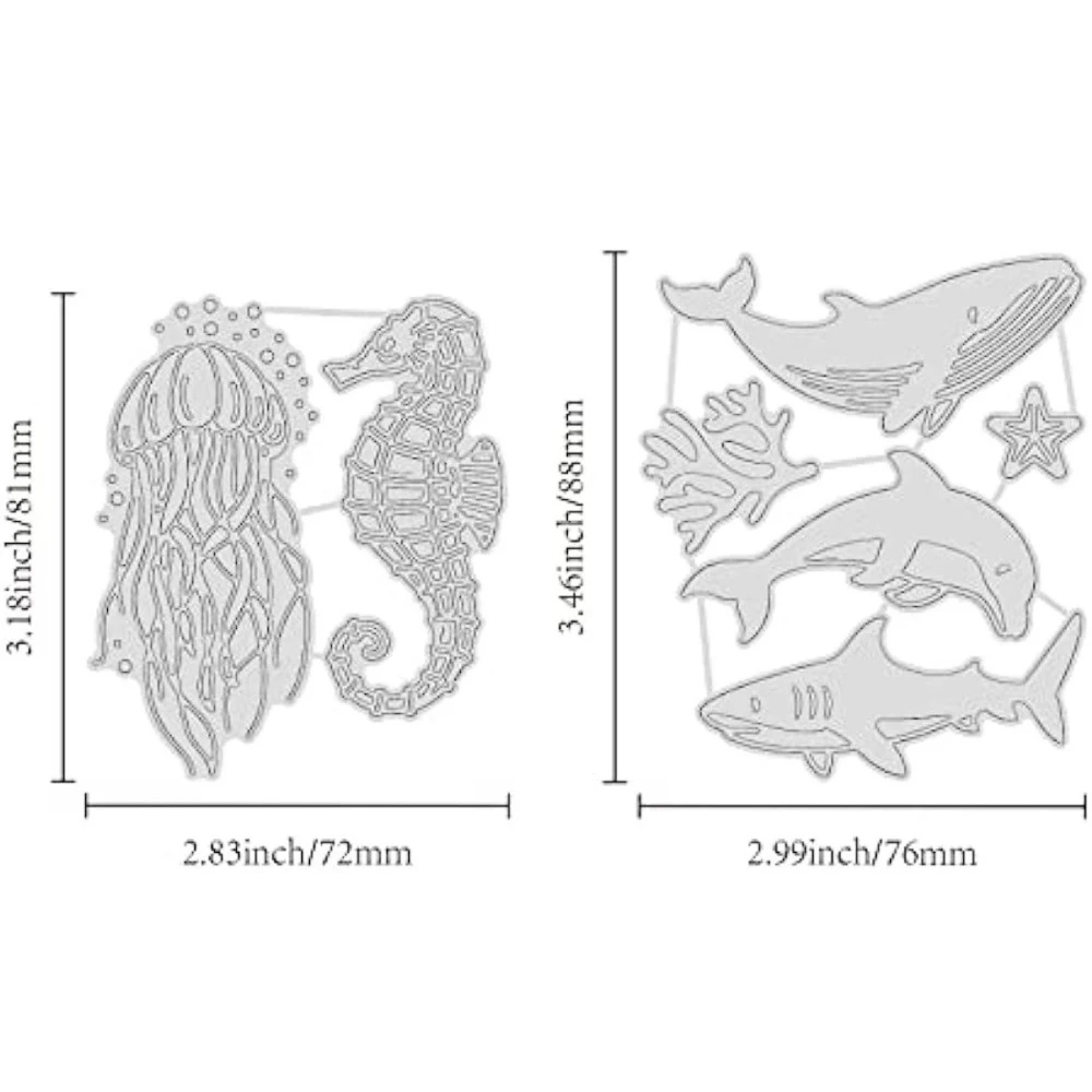 2Sheets Ocean Animals Hot Foil Plate Whale Dolphin Shark Coral Fish Jellyfish Seahorse for Embossing Scrapbooking Decor Greeting