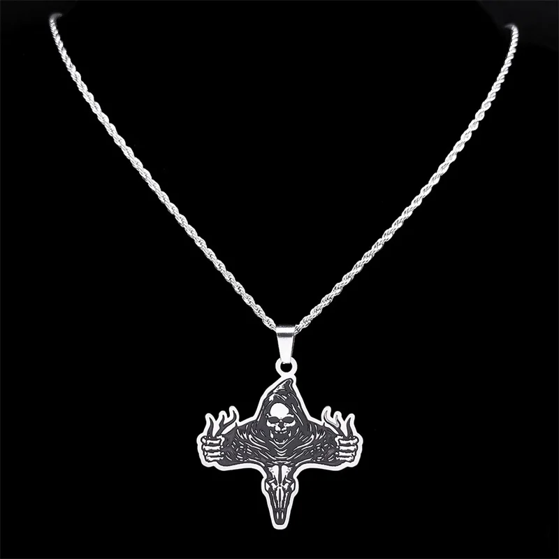 Black Metal Skull Cross Bone Rock Music Necklace for Women Men Stainless Steel Silver Color Militia Necklaces Jewelry N7748S08