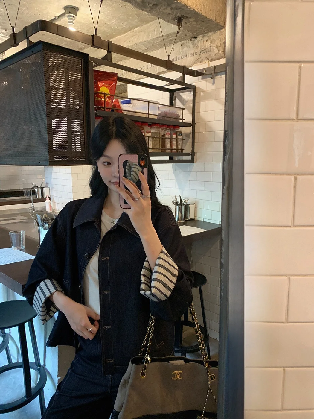 

Ibell Zhang Double Color Stripe Contrast Color Blo Collar Denim irt Wide Leg Pants Set Women Casual Sle Autumn Faion