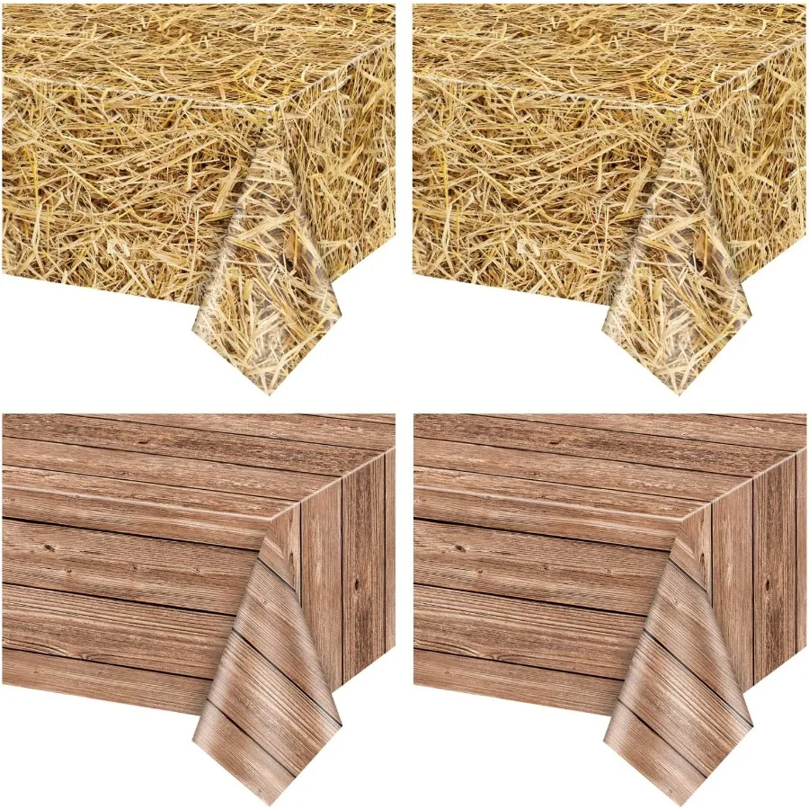 2Pcs Straw Tablecloths and 2Pcs Wood Grain Tablecloths Rectangular Straw Wood Grain Table Decorations for Farm Party Cowboy Wes