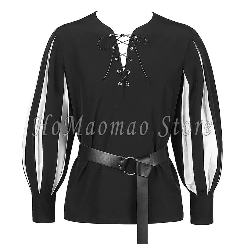 Medieval Shirt Men's Nordic Pirate Costume Colored Tie Up Collar Role Playing Top Vampire Victoria Steampunk Gothic Top