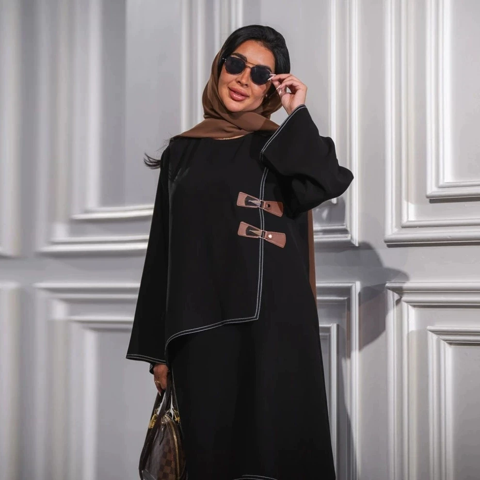 라마단 중동 두바이 사우디 아라비아 풀오버 밑단 패치워크 주름 무슬림 럭셔리 패션 롱 로브 가죽 버클 드레스