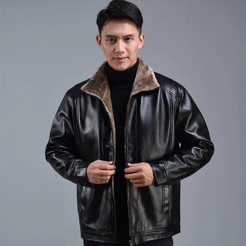 

Thicken Plush Men PU Leather Jackets Winter Loose Turn-Down Collar Outerwear Solid Warm Windproof Male Casual Leather Coats