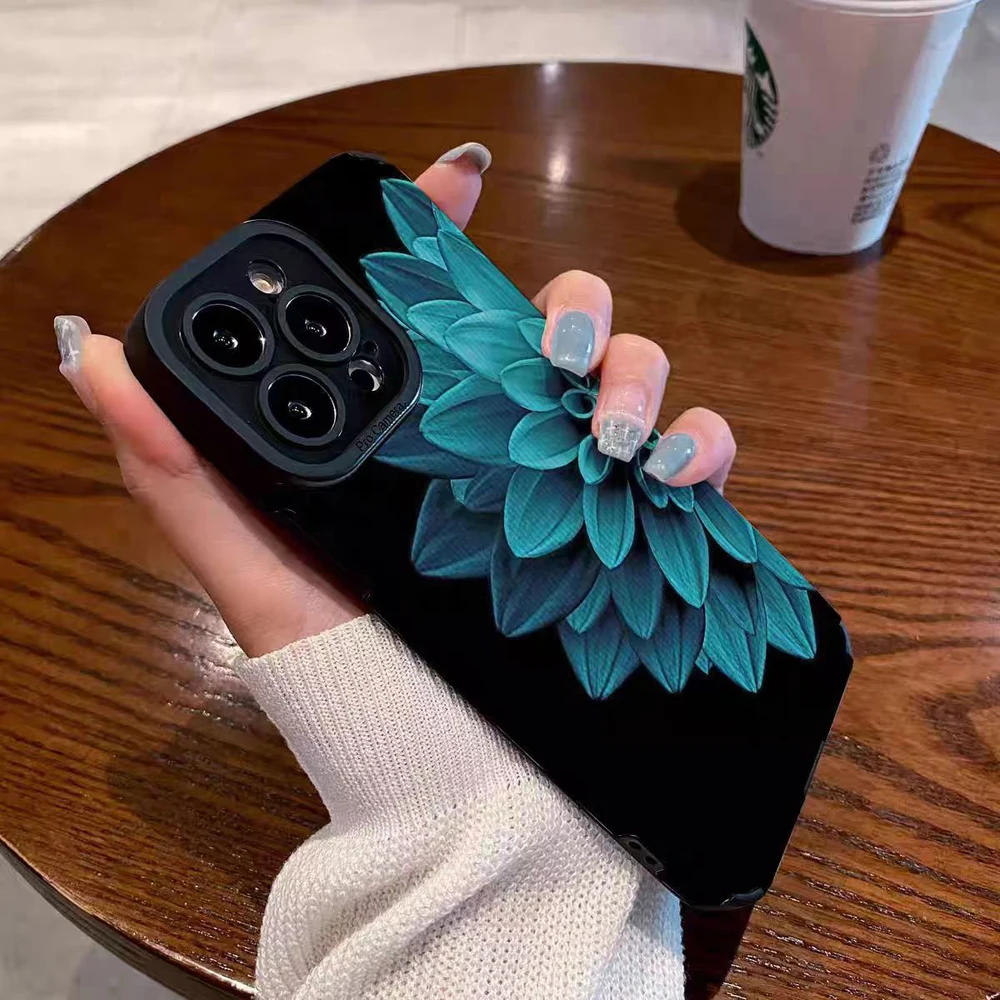 Fashion Blue Flower Silicone Leather Case For iPhone 16 11 12 13 14 15 Pro Max Plus Mini X XS XR 7 8 Soft Shockproof Full Cover