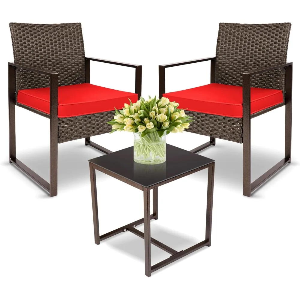 

3 Pieces Outdoor Furniture Set Patio Rattan Wicker Chairs & teatable,Lawn Garden Balcony Backyard,with Washable Cushion (Red)