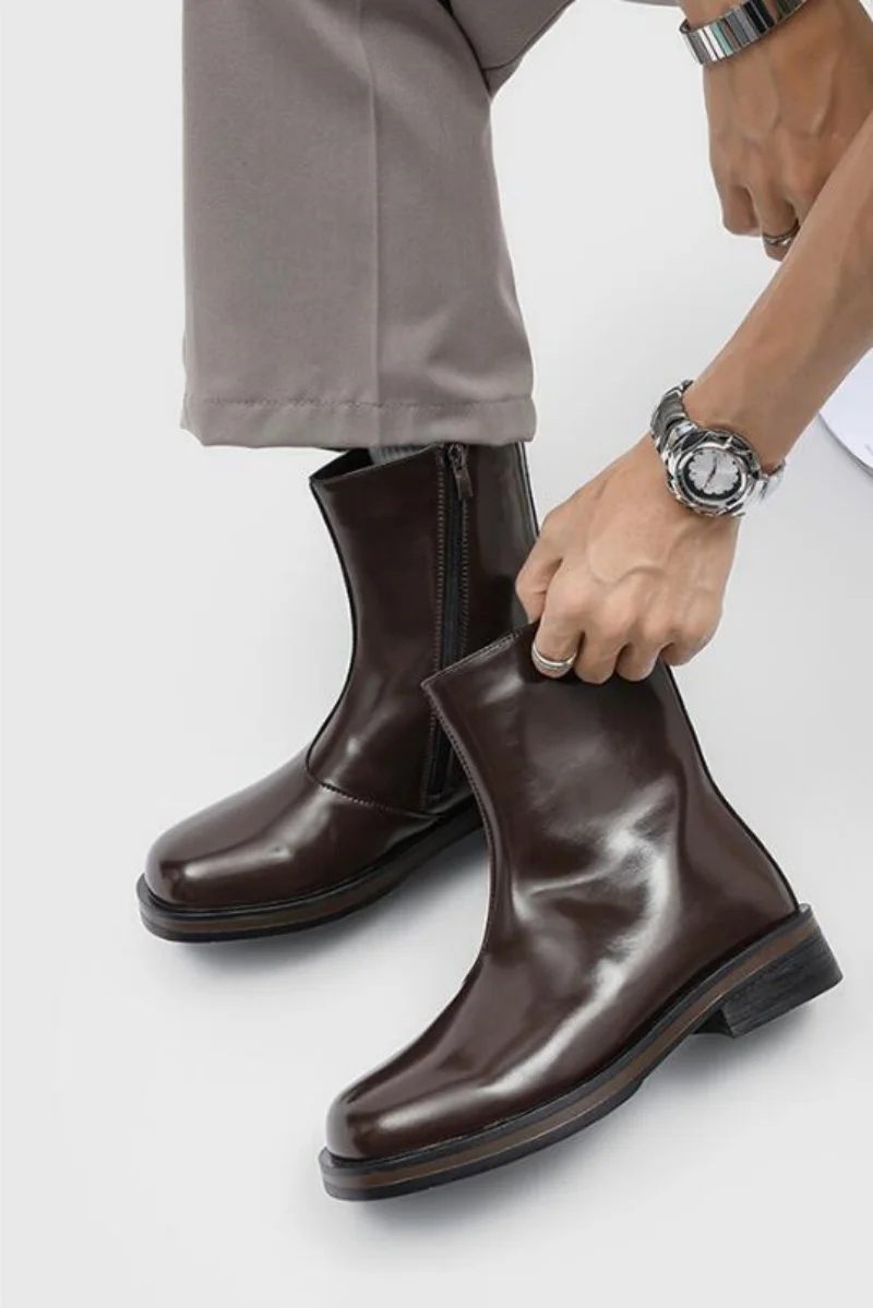 2026 Mid Top Chelsea Boots for Men Solid Color Round Toe Side Zipper Casual Fashionable Simple Motorcycle Men Boots