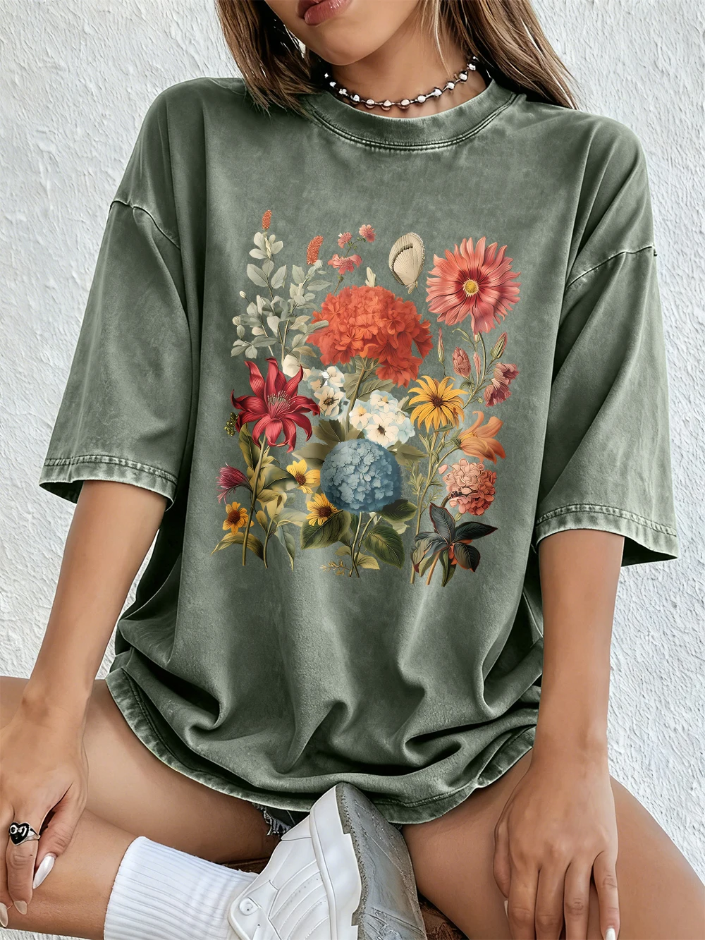 Vintage Hortensien-Blumen-Prints Gewaschene T-Shirts Damen Baumwoll-Kurzarm-Tops Street O-Neck Oversize T-Shirt Sommerkleidung – Detail 14