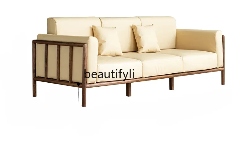 Black Walnut Solid Wood Sofa Genuine Leather Nordic Living Room Sofa Three Four-Seat Wooden Frame Fabric Sofa