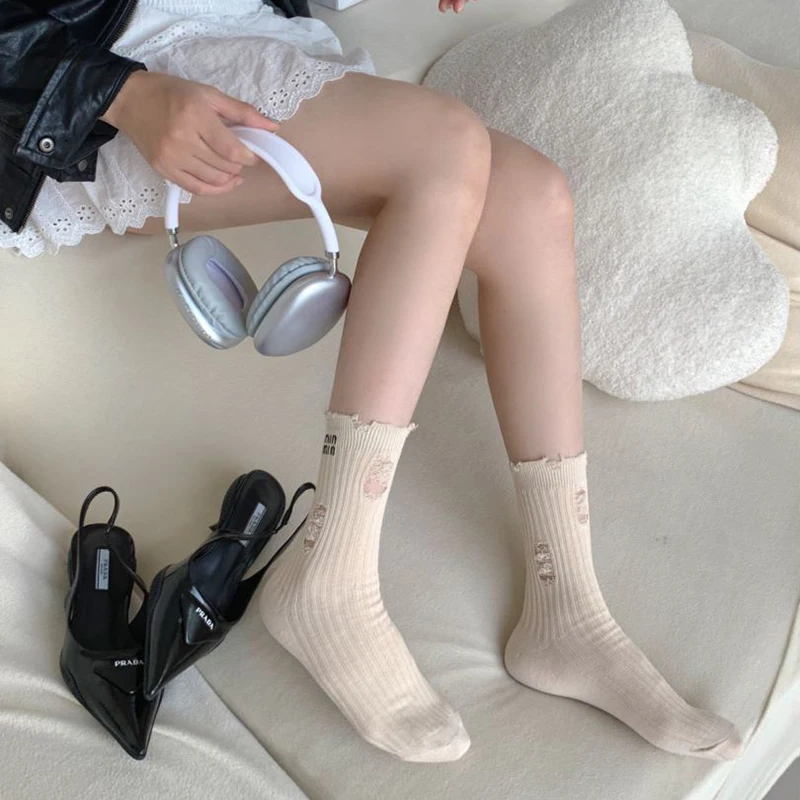 2 Pair Fashion Socks For Women Harajuku Street Broken Hole Beggar Medium Tube Pile Socks Hip-Hop Skateboard Cotton Socks Female