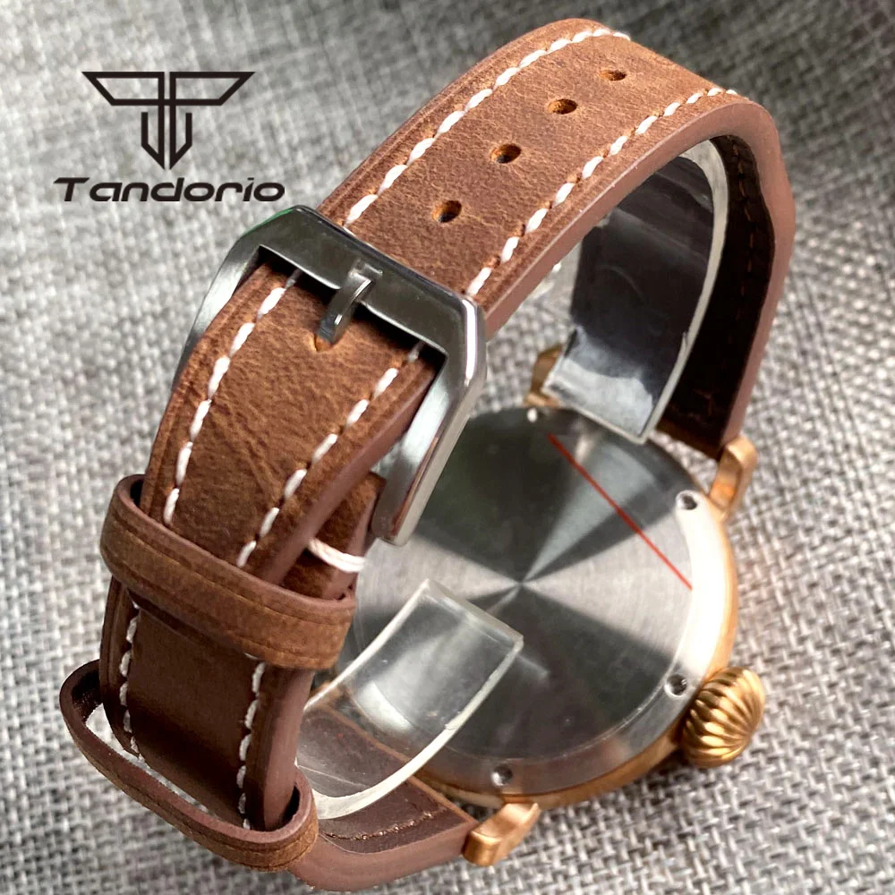 Tandorio Real CUSN8 Solid Bronze 46.5mm NH35A PT5000 Automatic Watch for Men Sapphire Glass Black Dial Leather Strap Screw Crown