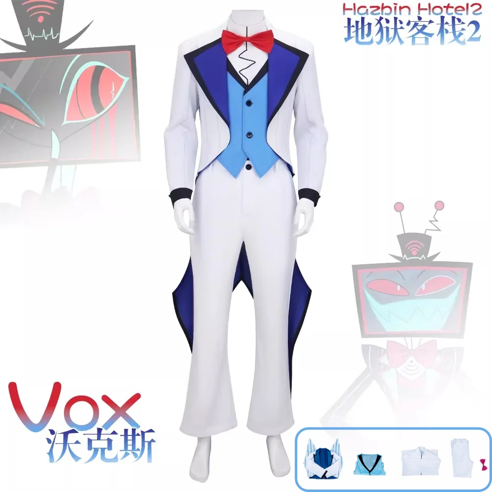 Hazbin Hotel S2 Cosplay Kostüm Vox Vincent Whittman Weißer Anzug mit Fliege Anime Komplettset für Damen und Herren Halloween Comic Con