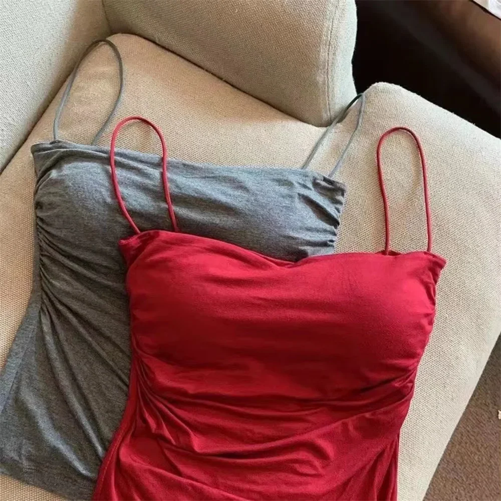 2 ชิ้น Stylish เอวจีบรัดตัว - Soft Support FIXED Chest Pad เสื้อกั๊กแขนกุดเซ็กซี่สั้นพร้อมสายรัดบางสีทึบ