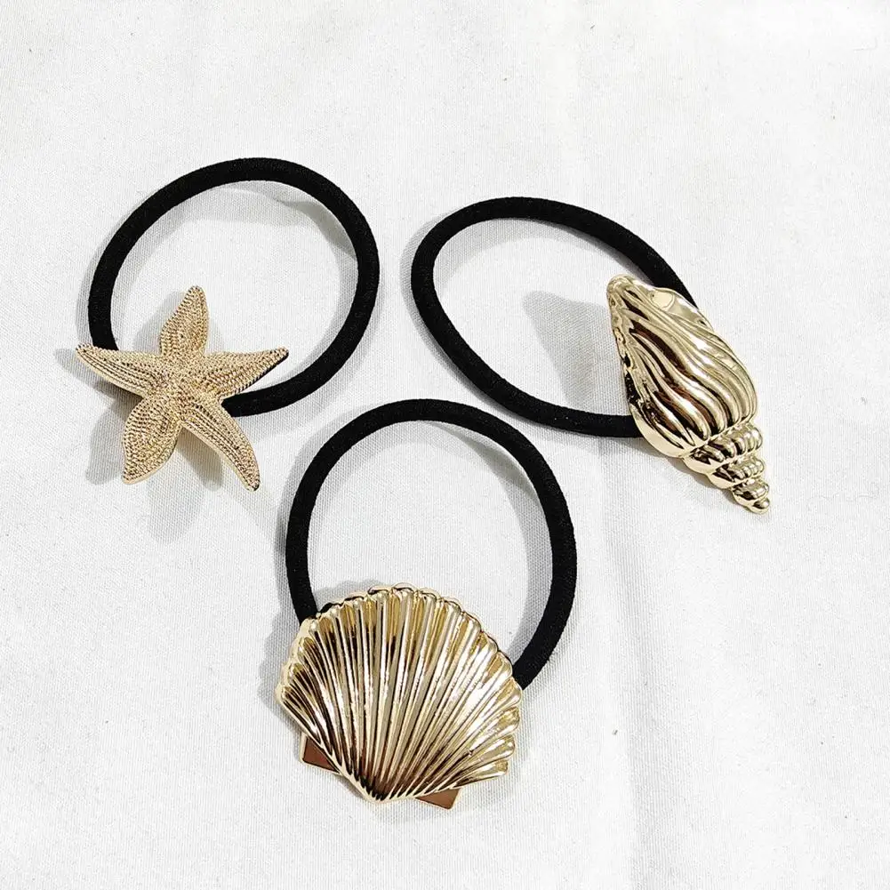 

Elastic Hair Band Non-rubber Hair Elastic Rope 3pcs Women Hair Ties Set with Metal Conch Shell Starfish Charms Soft for Styling