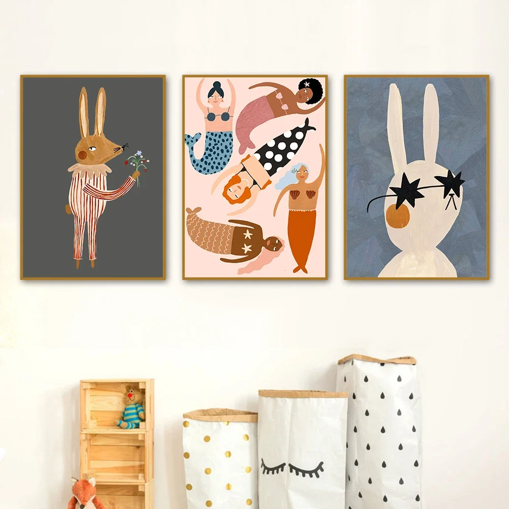 Funny Cartoon Rabbit Bear Animal Wall Art Canvas Painting Nordic Quotes Posters Prints Nursery Pictures Baby Kids Room Decor