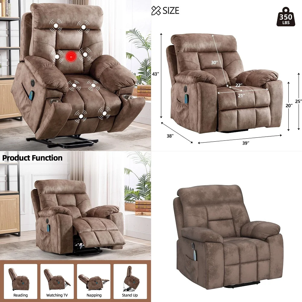 

Large Power Lift Recliner Chair with Massage and Heat for Elderly Big and Tall People, Overstuffed Wide Recliners with 2 Cup Ho
