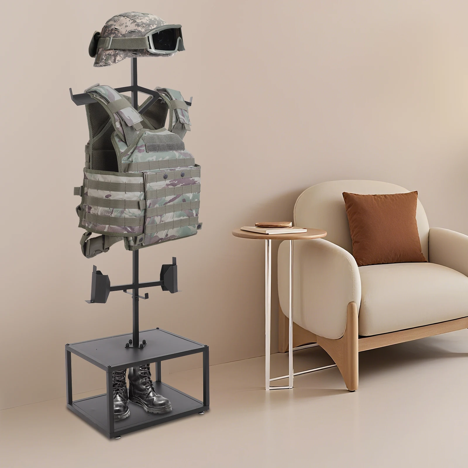 حامل تروس تكتيكي متين من الفولاذ قابل للتعديل، رف متعدد للخوذات/السترات/الأحذية، الاستخدام العسكري والشرطي، سهل التجميع