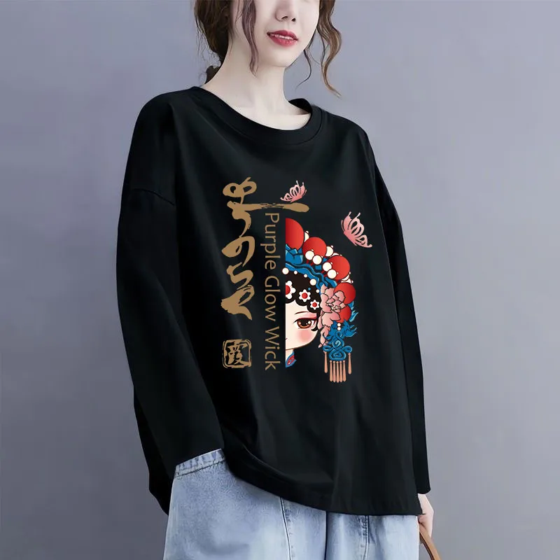 China Peking Opera Print T Shirt Women Oversize Plus Size Autumn Winter T-shirt Casual Long Sleeve Top Female Cartoon Clothing