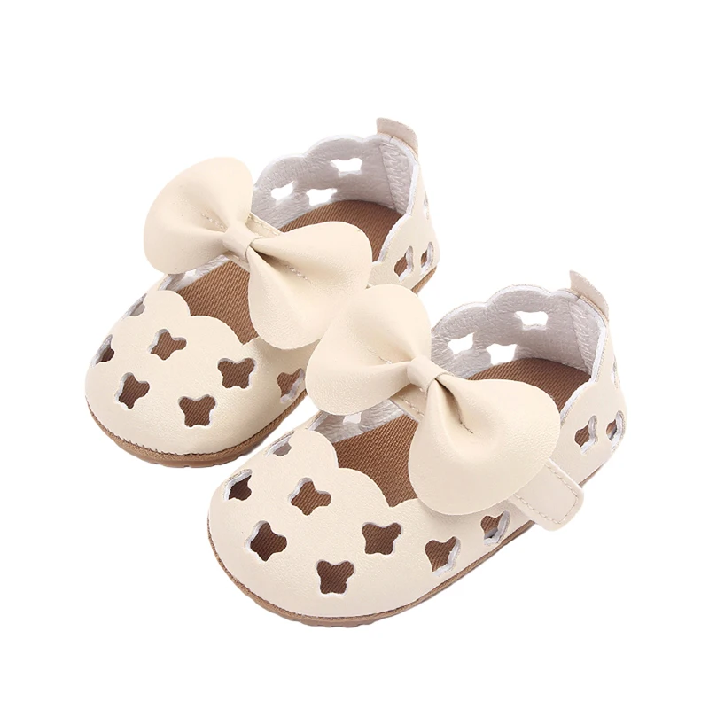 Baby Girls PU Leather Sandals Toddler Non-Slip Hollow Out Bow First Walking Soft Sole Shoes