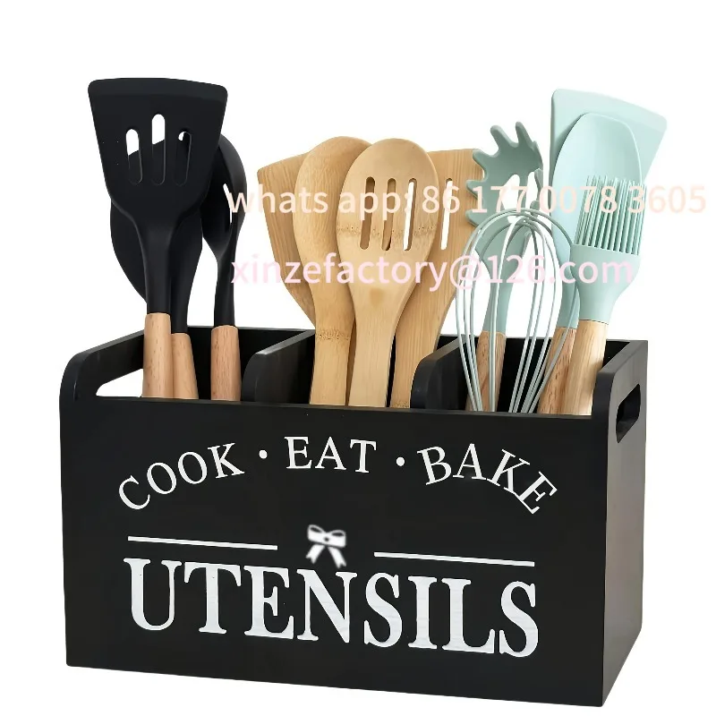

Customizable Kitchen Utensil Rack with Three Compartments Rustic Wooden Storage Box Vintage Tableware Farmhouse Dish Cabinet