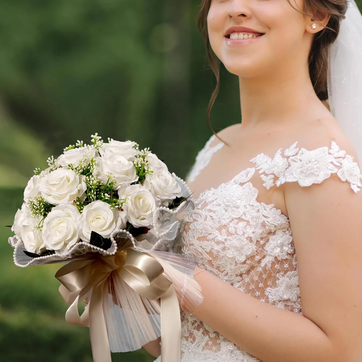 YeeNanee Boho Wedding Bouquets for the Bride Ivory White Artificial Flower Bouquet with Silk Ribbon Lace Country Wedding Decor