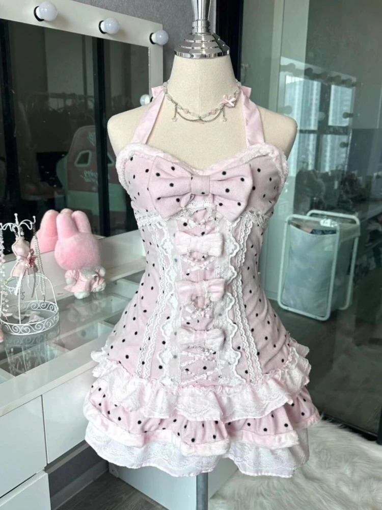 สไตล์ฝรั่งเศสหวานน่ารัก Polka Dot Splicing ชุดลูกไม้เกาหลีแฟชั่นชุดออกแบบใหม่ Slim เอว Lady Y2k Mini Dress