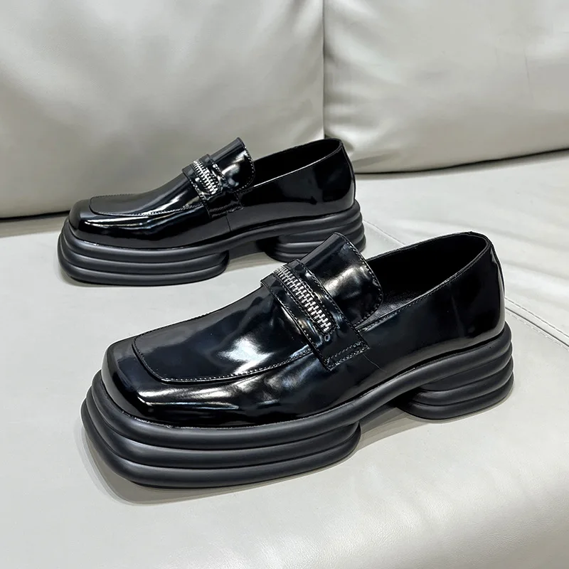 Moda masculina sapatos de couro originais deslizamento-na plataforma sapato marca designer punk nightclub vestidos dedo do pé quadrado mocassins homem calçado